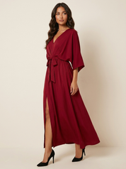 Dames Maxi Jurk – V-Hals met Strikceintuur en Split Beige / S - AIDA LENA