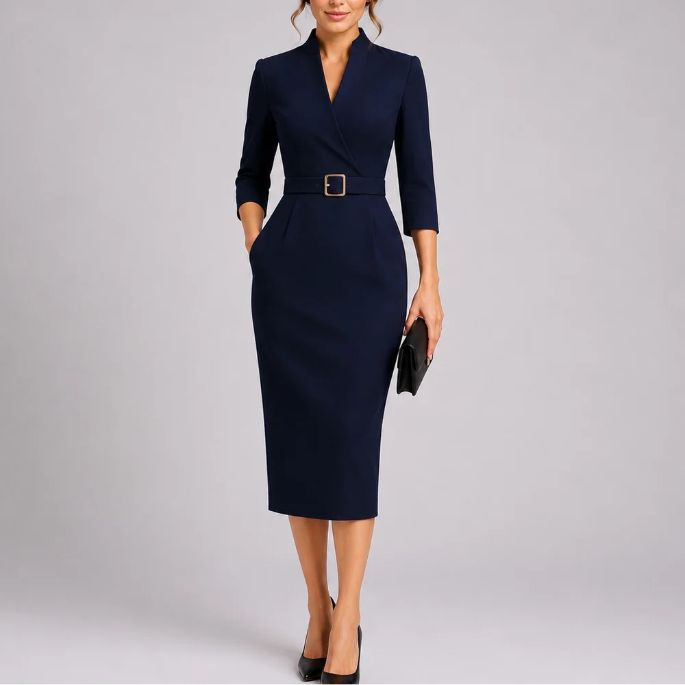 A navy blue V-neck midi dress with a buckled waist belt and three-quarter sleeves