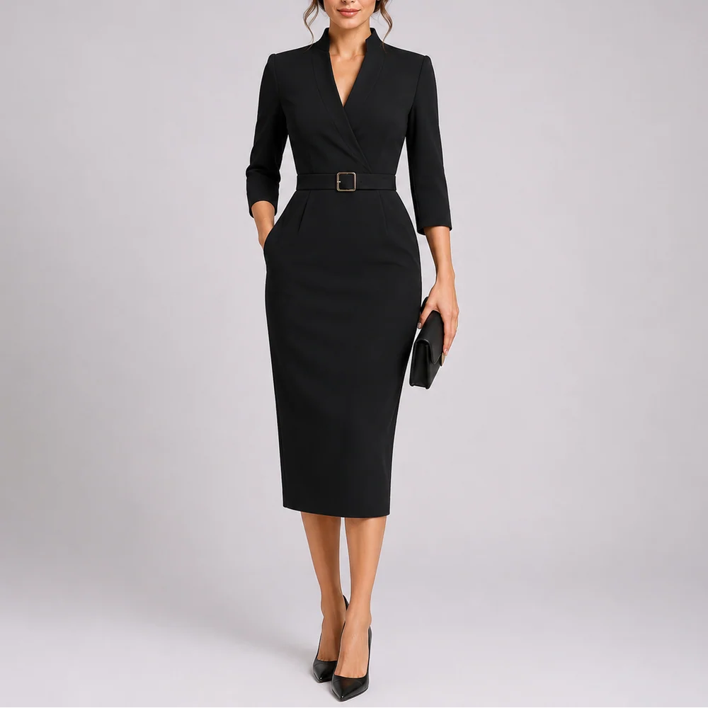 A black V-neck midi dress with a buckled waist belt and three-quarter sleeves
