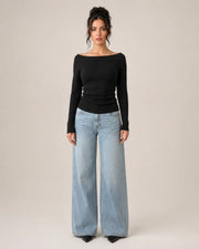Women's Off-Shoulder Top - Ribbed Style with Long Sleeves
