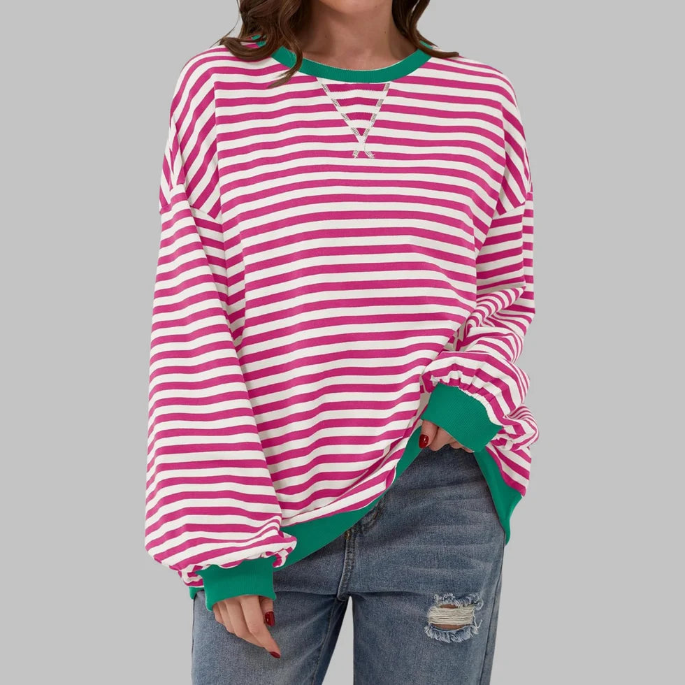 Dames Oversized Sweater – Gestreepte Trui met Ronde Hals en Lange Mouwen