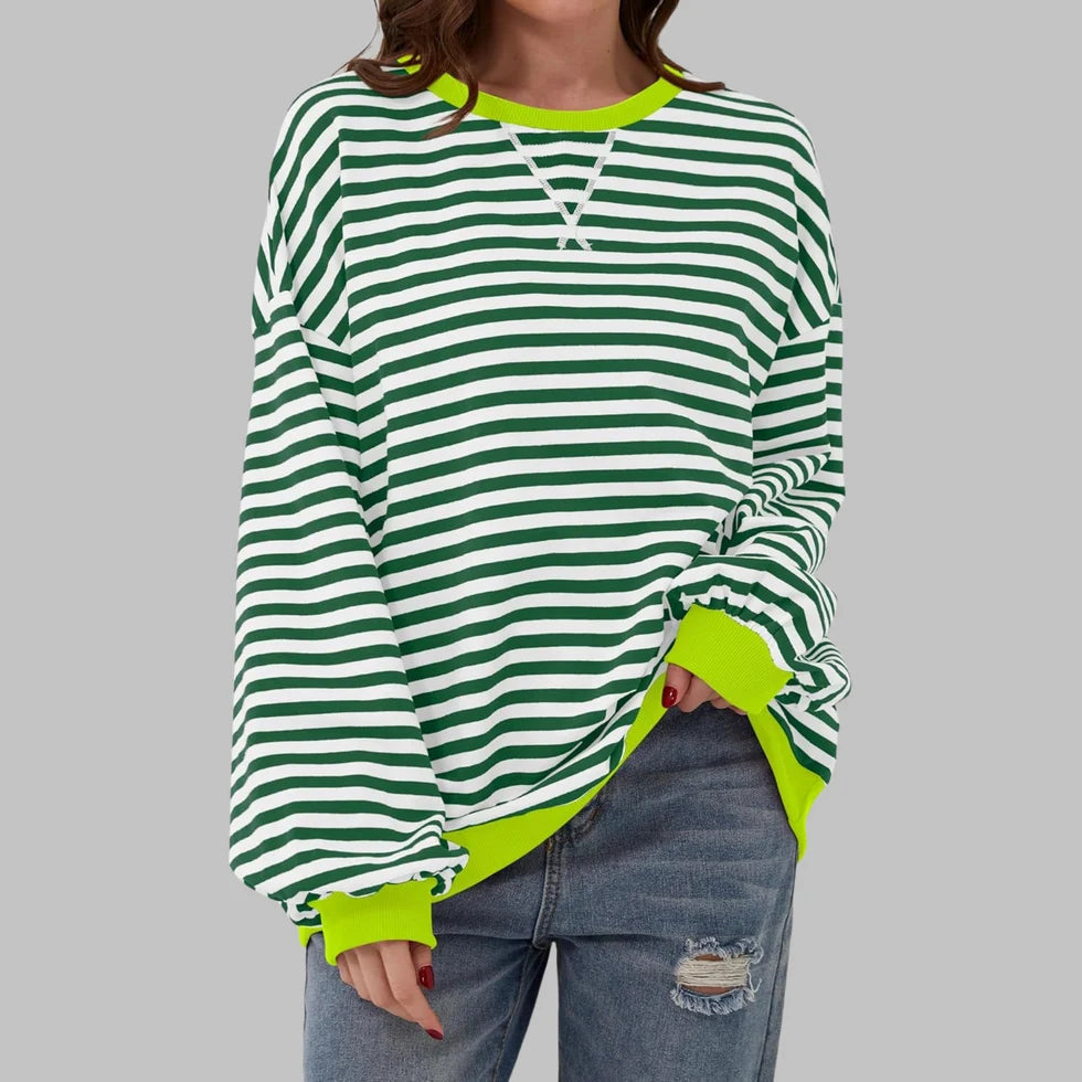 Dames Oversized Sweater – Gestreepte Trui met Ronde Hals en Lange Mouwen