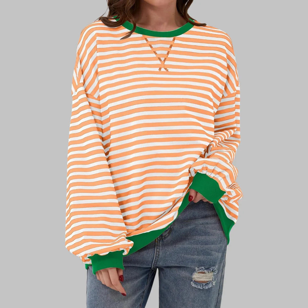 Dames Oversized Sweater – Gestreepte Trui met Ronde Hals en Lange Mouwen