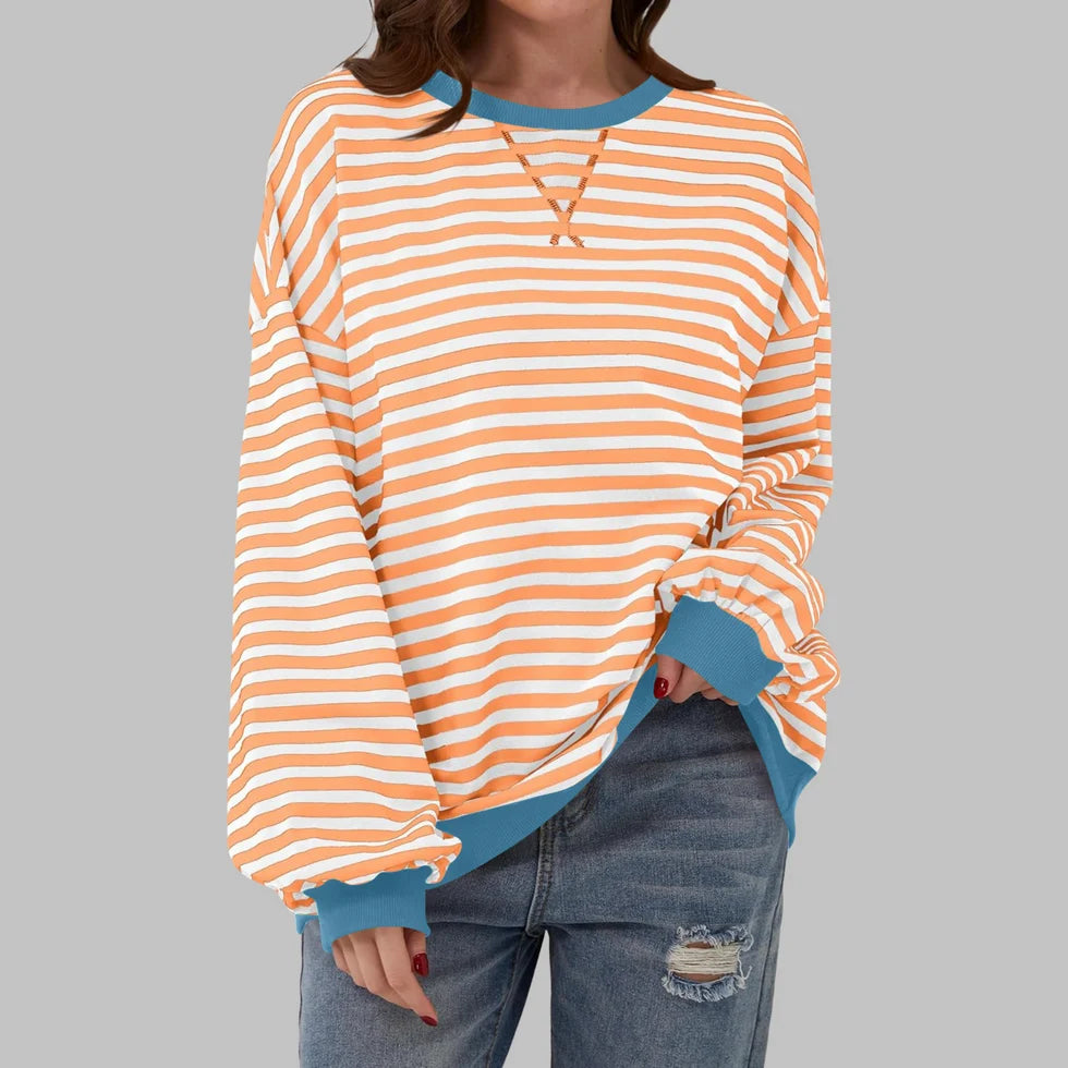Dames Oversized Sweater – Gestreepte Trui met Ronde Hals en Lange Mouwen