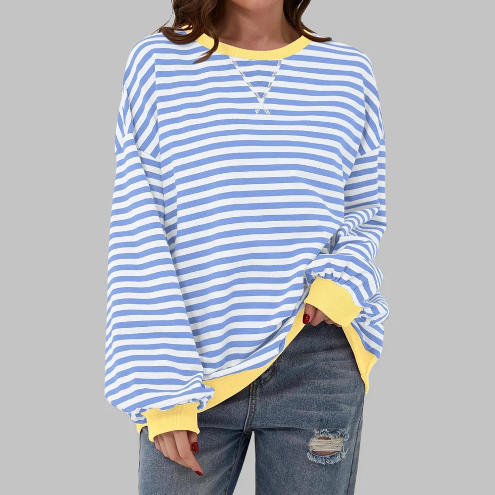 Dames Oversized Sweater – Gestreepte Trui met Ronde Hals en Lange Mouwen