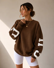 Dames Oversized Sweater – Ronde Hals met Letterprint op de Mouwen Zand / S - AIDA LENA