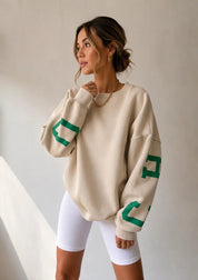 Dames Oversized Sweater – Ronde Hals met Letterprint op de Mouwen Zand / S - AIDA LENA