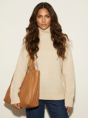 Women's Oversized Jumper - Knitted Turtleneck with Long Sleeves