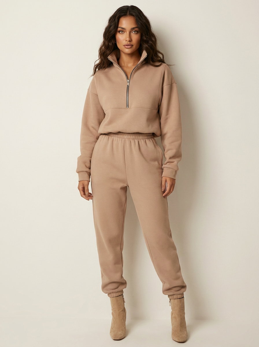 Dames Oversized Trui – Hoge Kraag met Halve Rits Khaki / S - AIDA LENA