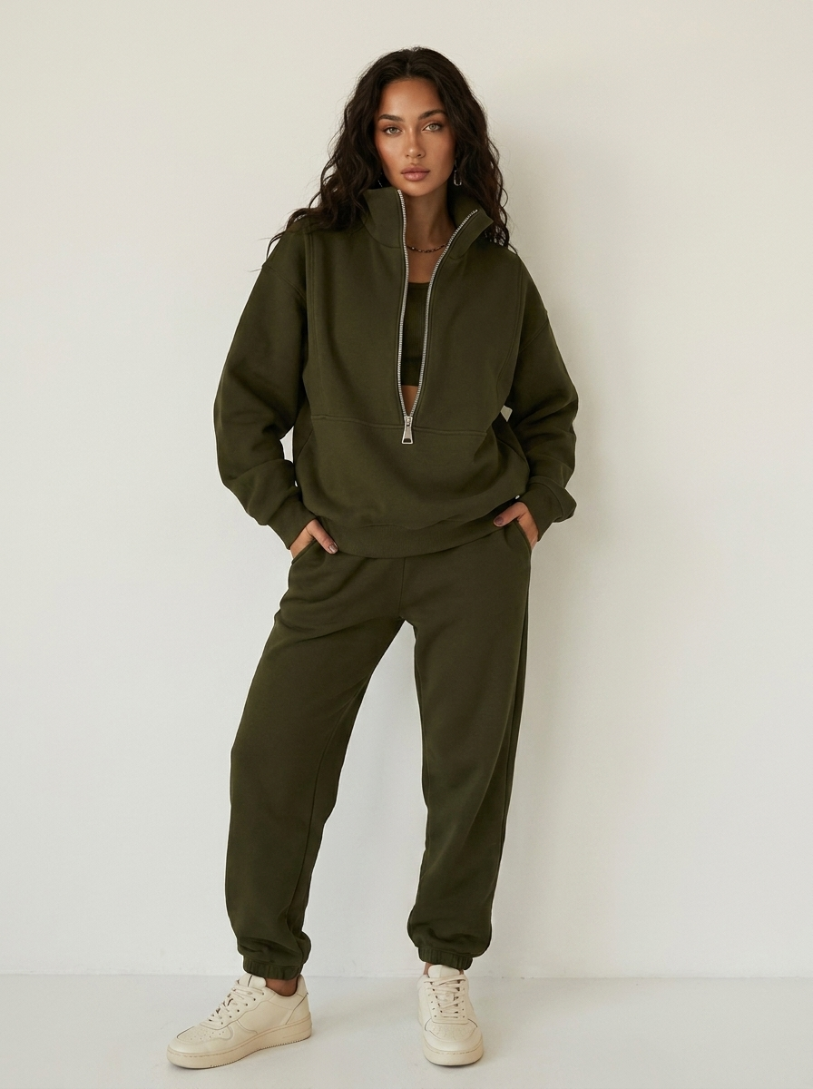 Dames Oversized Trui – Hoge Kraag met Halve Rits Khaki / S - AIDA LENA