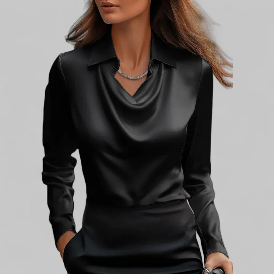 AIDA LENA Women's Blouse Dames Satijnlook Blouse – Elegante Blouse met Watervalhals