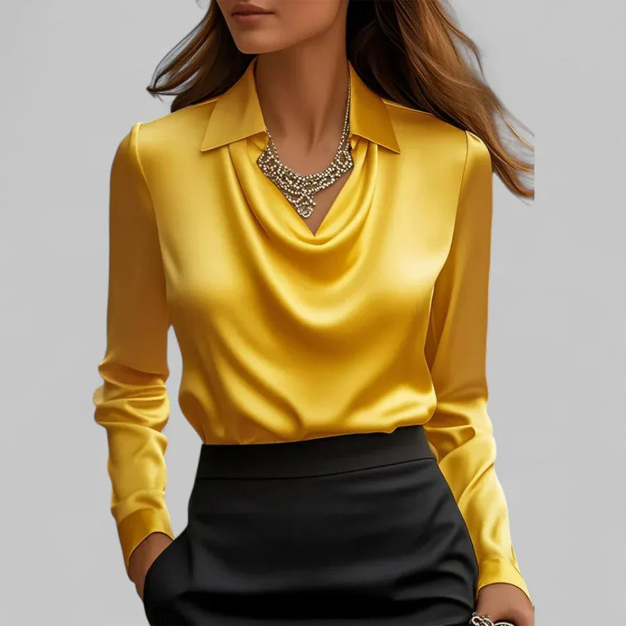 AIDA LENA Women's Blouse Dames Satijnlook Blouse – Elegante Blouse met Watervalhals