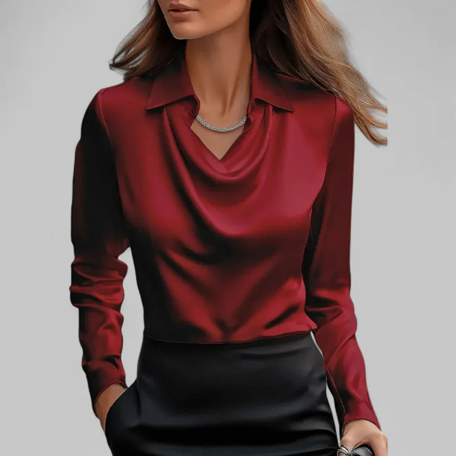 AIDA LENA Women's Blouse Dames Satijnlook Blouse – Elegante Blouse met Watervalhals