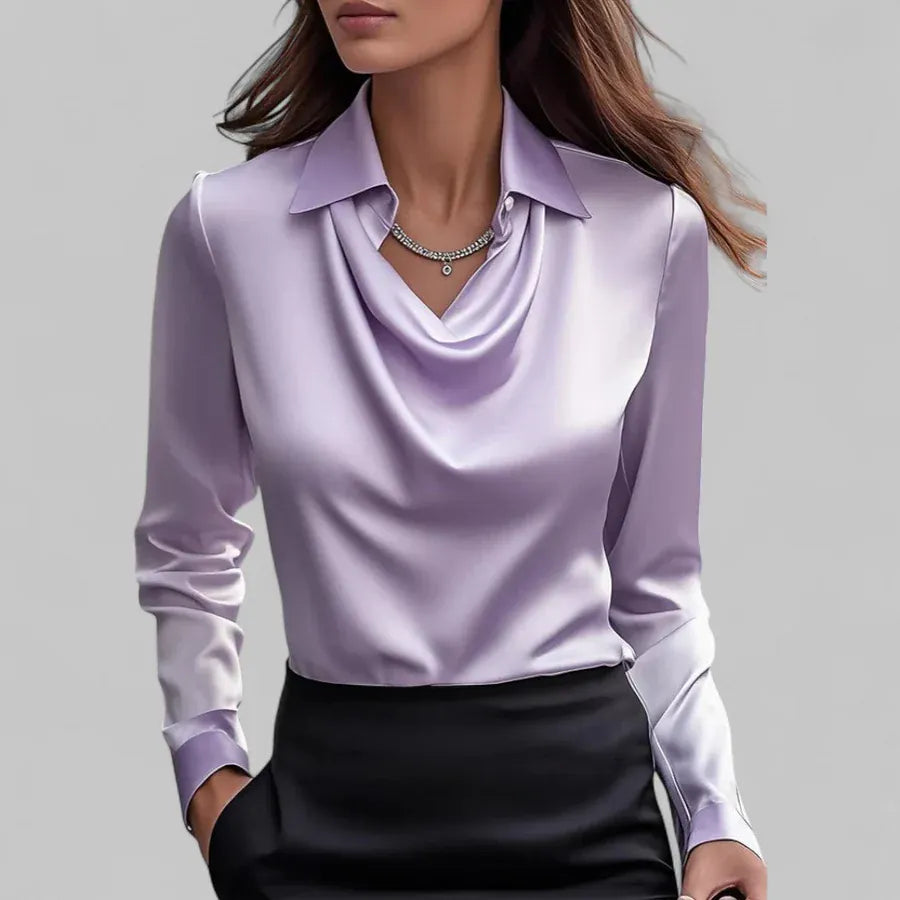 AIDA LENA Women's Blouse Dames Satijnlook Blouse – Elegante Blouse met Watervalhals