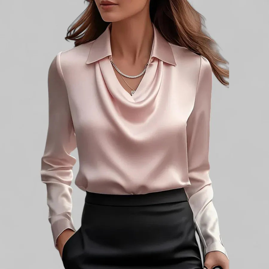 AIDA LENA Women's Blouse Dames Satijnlook Blouse – Elegante Blouse met Watervalhals