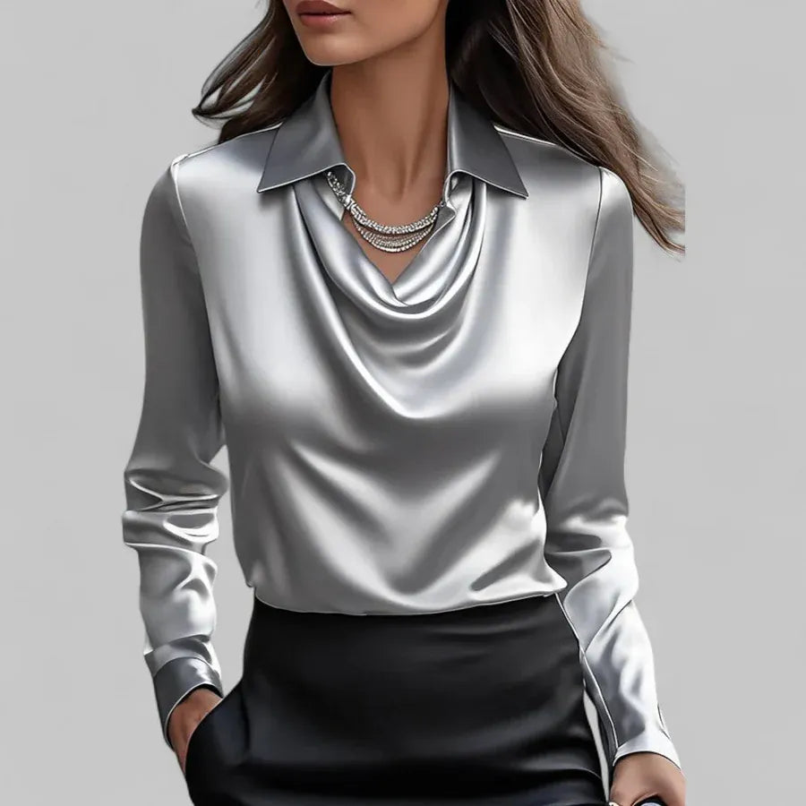 AIDA LENA Women's Blouse Dames Satijnlook Blouse – Elegante Blouse met Watervalhals
