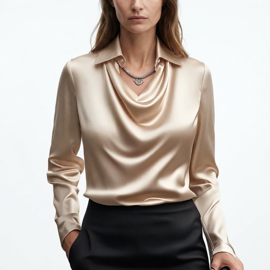 Satijnlook blouse dames met watervalhals en lange mouwen