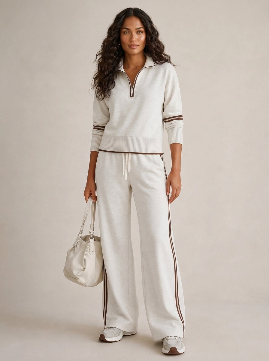 A light grey women's two-piece sports set with a zip-up jumper and wide-leg trousers with piping