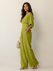 Women's Wide-Leg Jumpsuit - V-Neck with Wide Waistband white / S - AIDA LENA