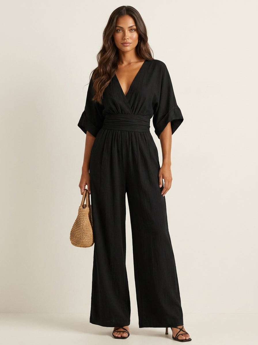 Women's Wide-Leg Jumpsuit - V-Neck with Wide Waistband black / S - AIDA LENA