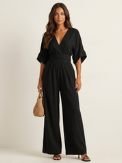 Women's Wide-Leg Jumpsuit - V-Neck with Wide Waistband black / S - AIDA LENA