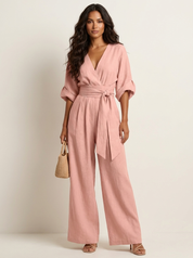 Women's Wide-Leg Jumpsuit - V-Neck with Wide Waistband pink / S - AIDA LENA