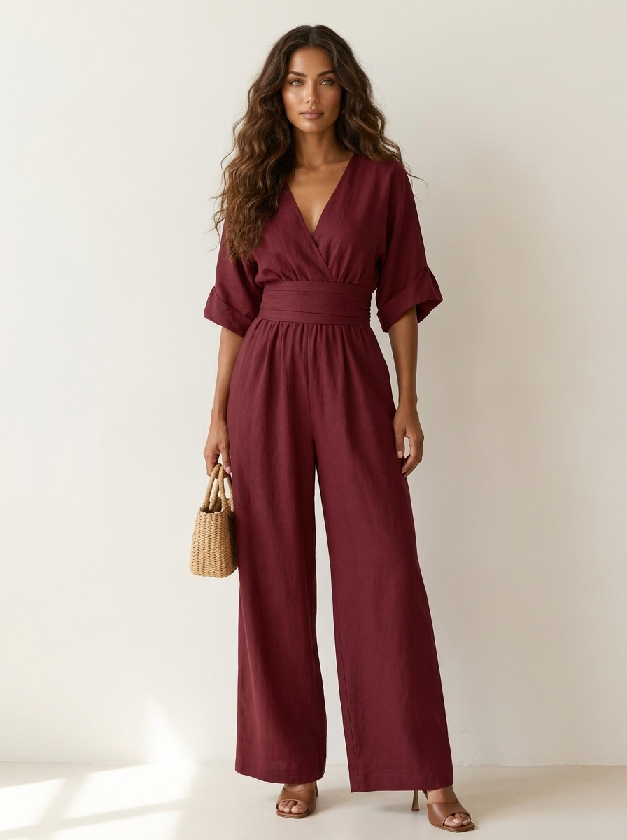 Women's Wide-Leg Jumpsuit - V-Neck with Wide Waistband burgundy / S - AIDA LENA