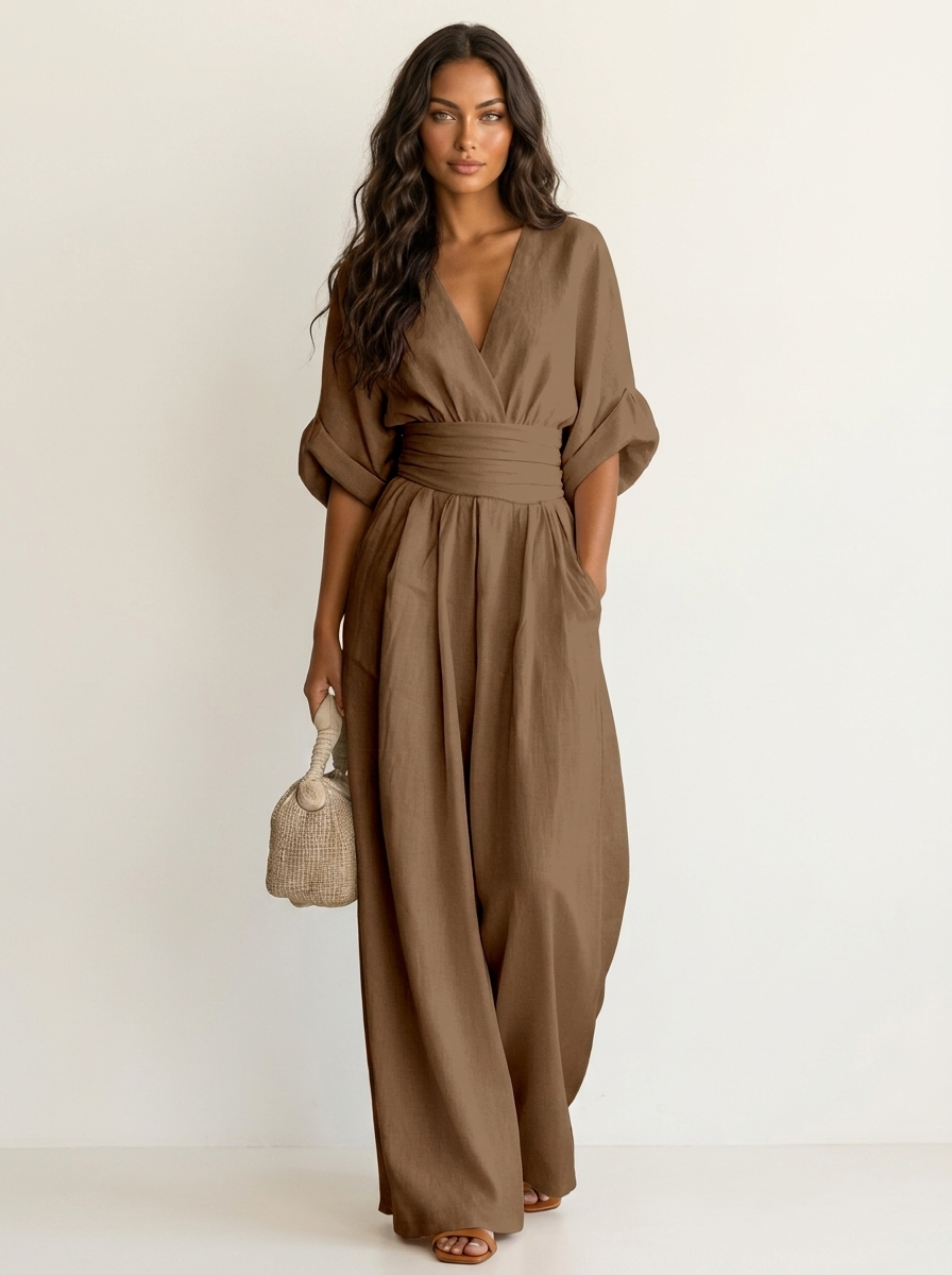 Women's Wide-Leg Jumpsuit - V-Neck with Wide Waistband khaki / S - AIDA LENA