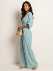 Women's Wide-Leg Jumpsuit - V-Neck with Wide Waistband white / S - AIDA LENA