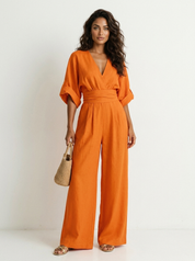 Women's Wide-Leg Jumpsuit - V-Neck with Wide Waistband orange / S - AIDA LENA