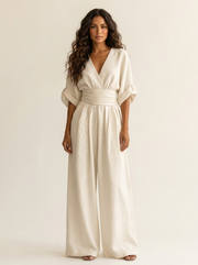 Women's Wide-Leg Jumpsuit - V-Neck with Wide Waistband