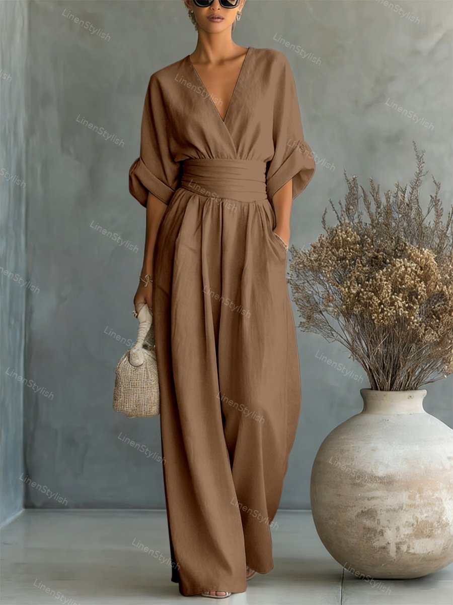 Women's Wide-Leg Jumpsuit - V-Neck with Wide Waistband white / S - AIDA LENA