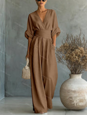 Women's Wide-Leg Jumpsuit - V-Neck with Wide Waistband white / S - AIDA LENA