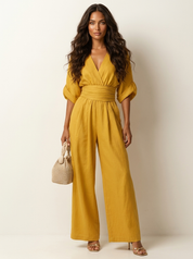 Women's Wide-Leg Jumpsuit - V-Neck with Wide Waistband yellow / S - AIDA LENA