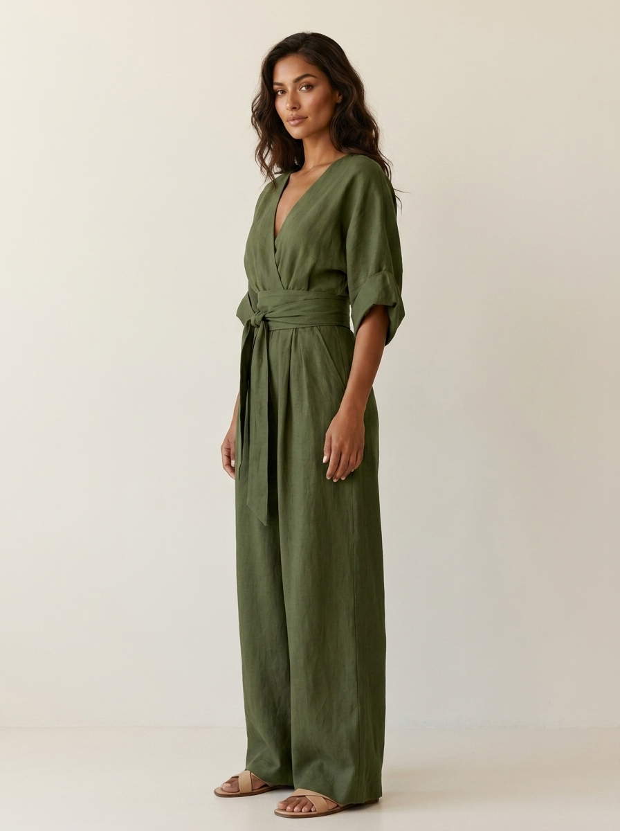 Women's Wide-Leg Jumpsuit - V-Neck with Wide Waistband white / S - AIDA LENA