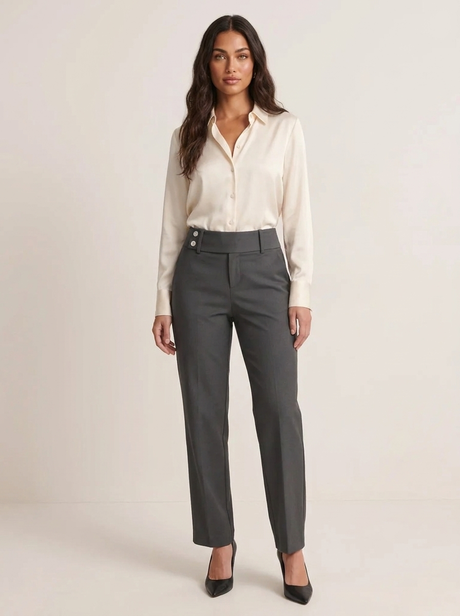 Hoge taille wijde pantalon in donkergrijs met knoopsluiting en voorzakken