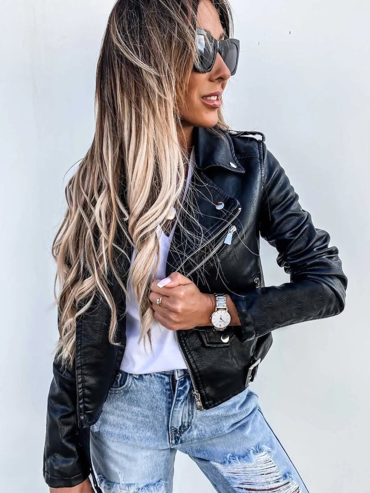 Dames biker jacket met schuine rits – kort model - Coats & Jackets - Ravecourt