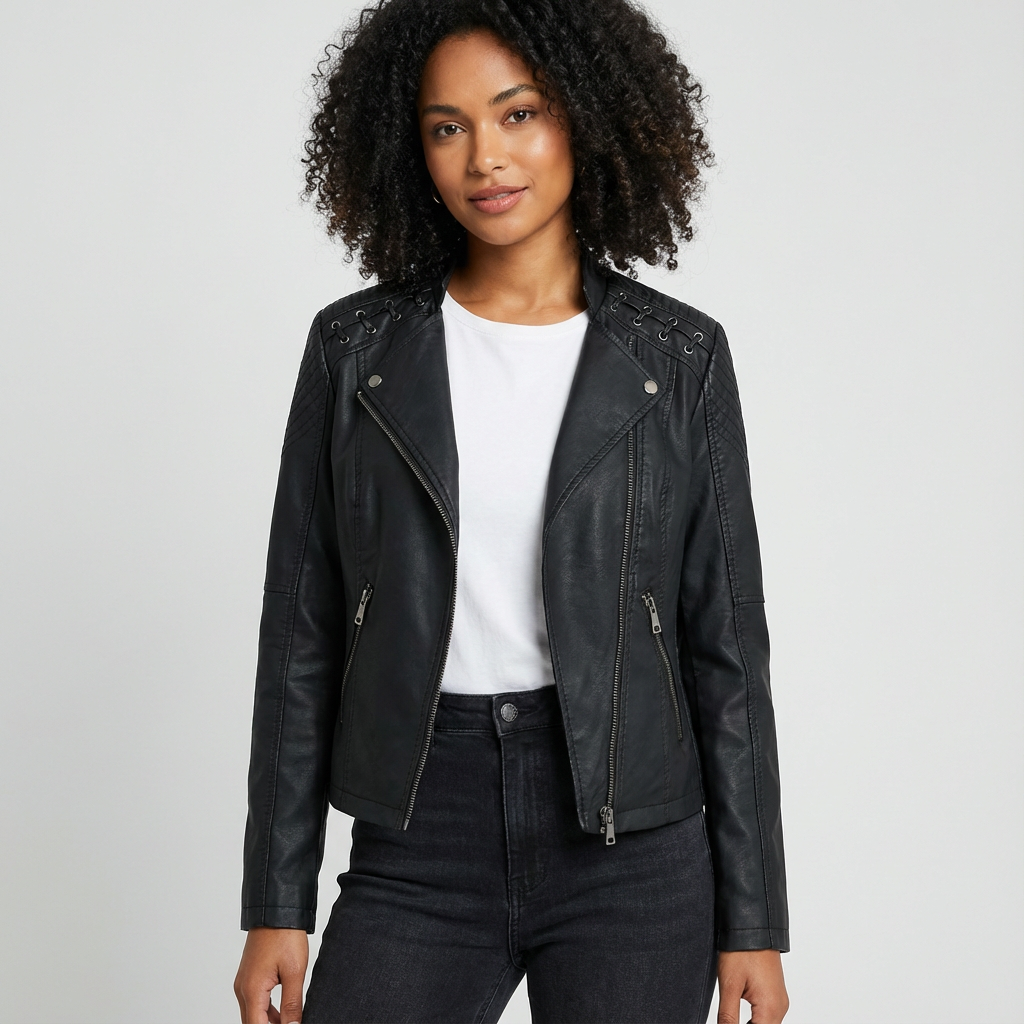 Dames Bikerjack van Imitatieleer – Ritssluiting met Stoere Schouderdetails - AIDA LENA