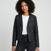 Dames Bikerjack van Imitatieleer – Ritssluiting met Stoere Schouderdetails - AIDA LENA