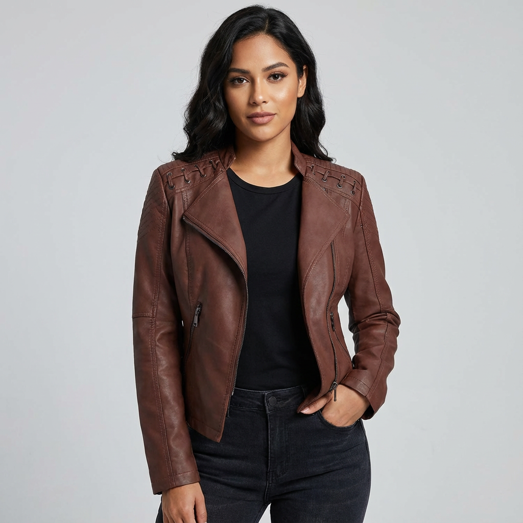 Dames Bikerjack van Imitatieleer – Ritssluiting met Stoere Schouderdetails - AIDA LENA