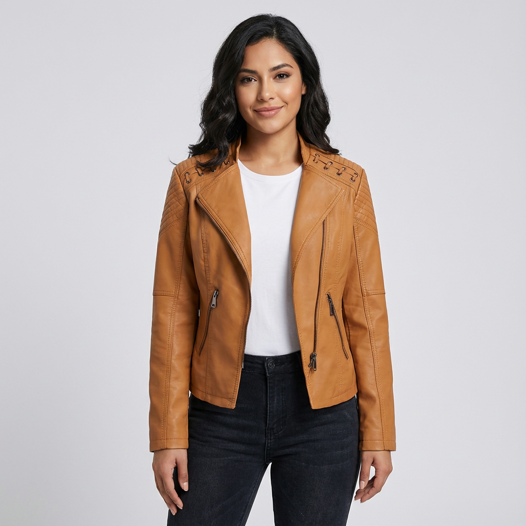 Dames Bikerjack van Imitatieleer – Ritssluiting met Stoere Schouderdetails - AIDA LENA