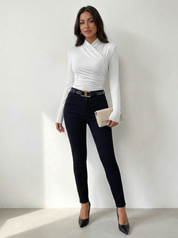 Dames Gedrapeerde Top – Hoge Hals met Elegante Pasvorm Wit / XS - AIDA LENA