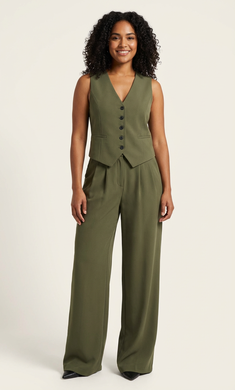 Dames Mouwloos Blazerpak – Elegante Getailleerde Pasvorm Legergroen / S - AIDA LENA