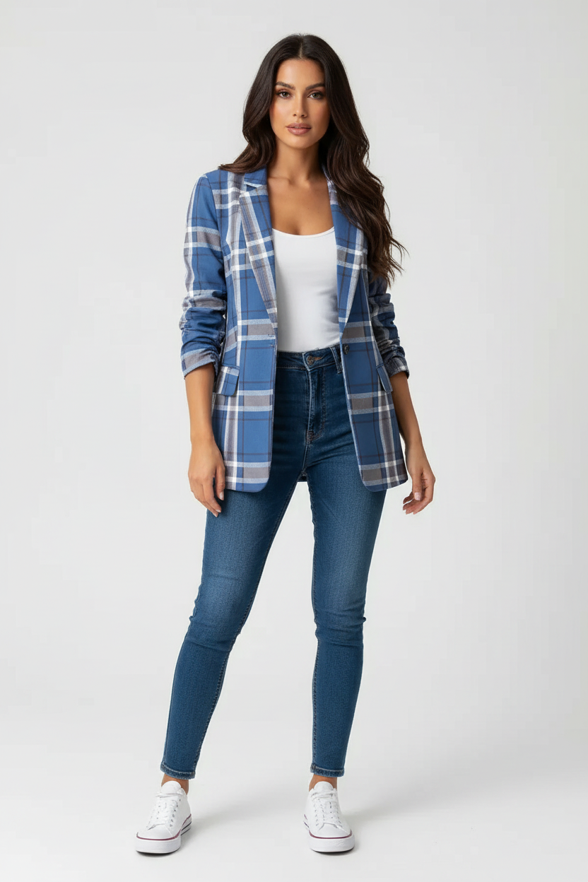 Dames Geruite Blazer – Elegante Getailleerde Pasvorm Blauw / S - AIDA LENA