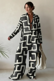Dames 2-Delige Set – Grafische Blouse met Bijpassende Broek Wit-grijs / S - AIDA LENA