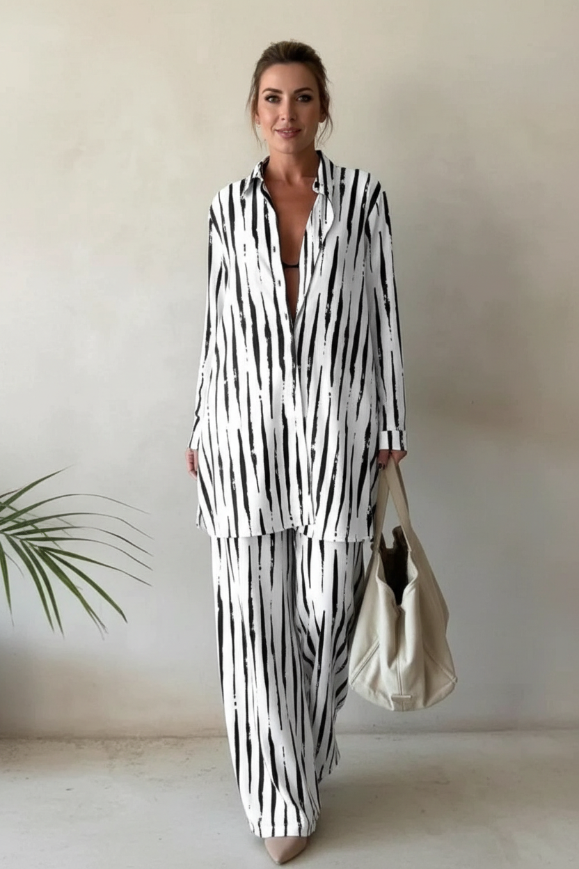 Dames 2-Delige Set – Grafische Blouse met Bijpassende Broek Wit-zwart / S - AIDA LENA