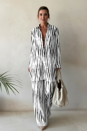 Dames 2-Delige Set – Grafische Blouse met Bijpassende Broek Wit-zwart / S - AIDA LENA