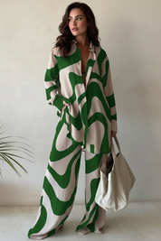 Dames 2-Delige Set – Grafische Blouse met Bijpassende Broek Beige-Groen / S - AIDA LENA