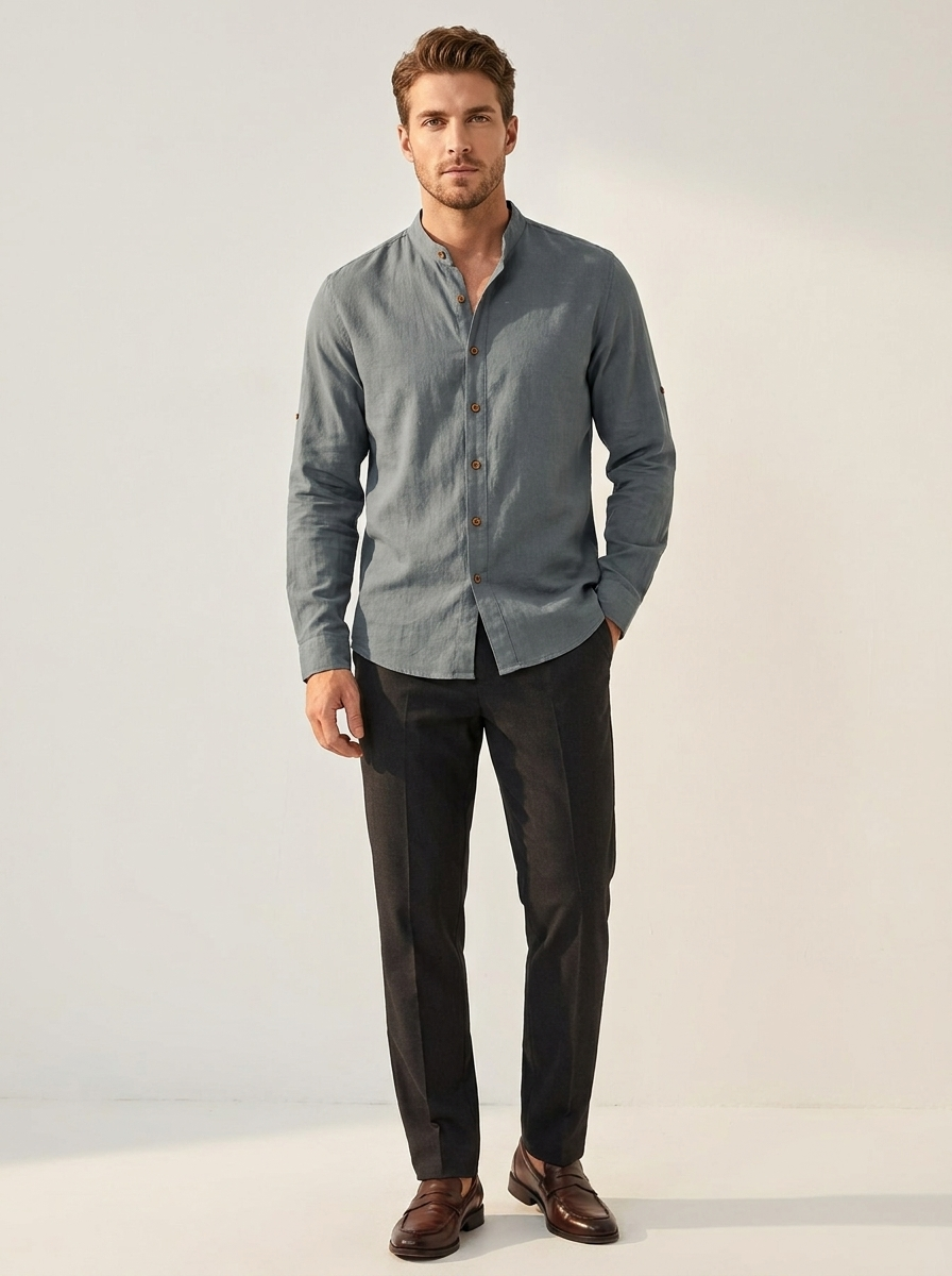 Men's Casual Shirt - Solid Shirt with Stand-Up Collar and Long Sleeves