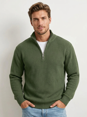 Heren Casual Trui – Ribstructuur met Korte Rits en Hoge Kraag